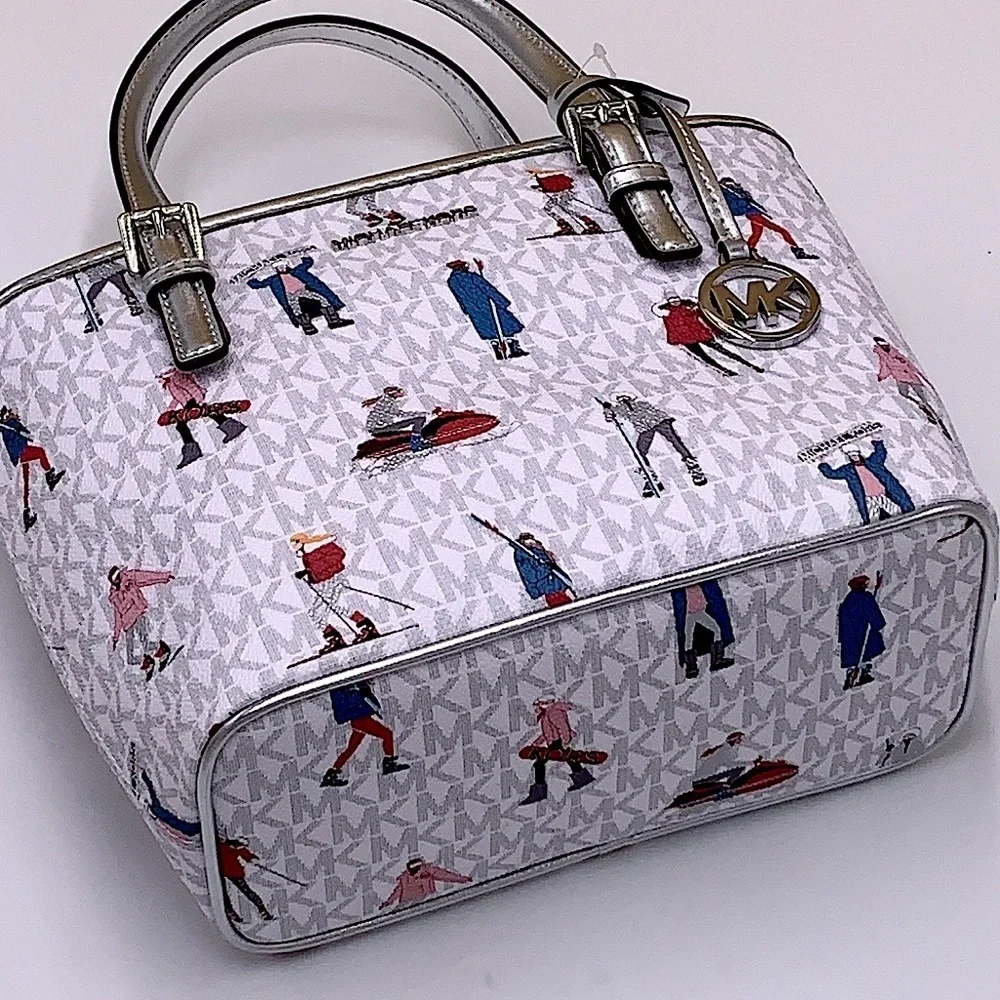 Michael Kors Jet Set Girls Print White Signature XS Carryall Top Zip Tote - Picture 13 of 15